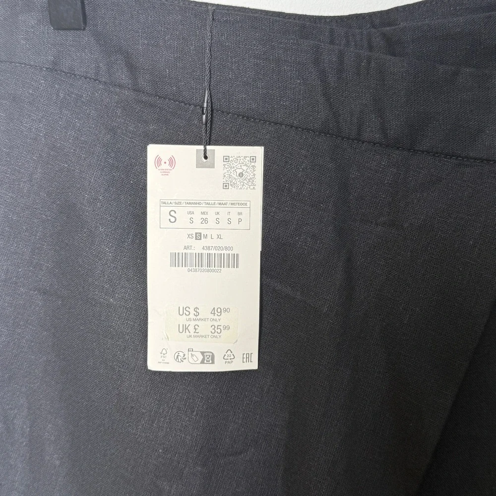 Zara Womens Black Linen Blend Wide Leg Wrap Front Asymmetric Trousers Size S NEW